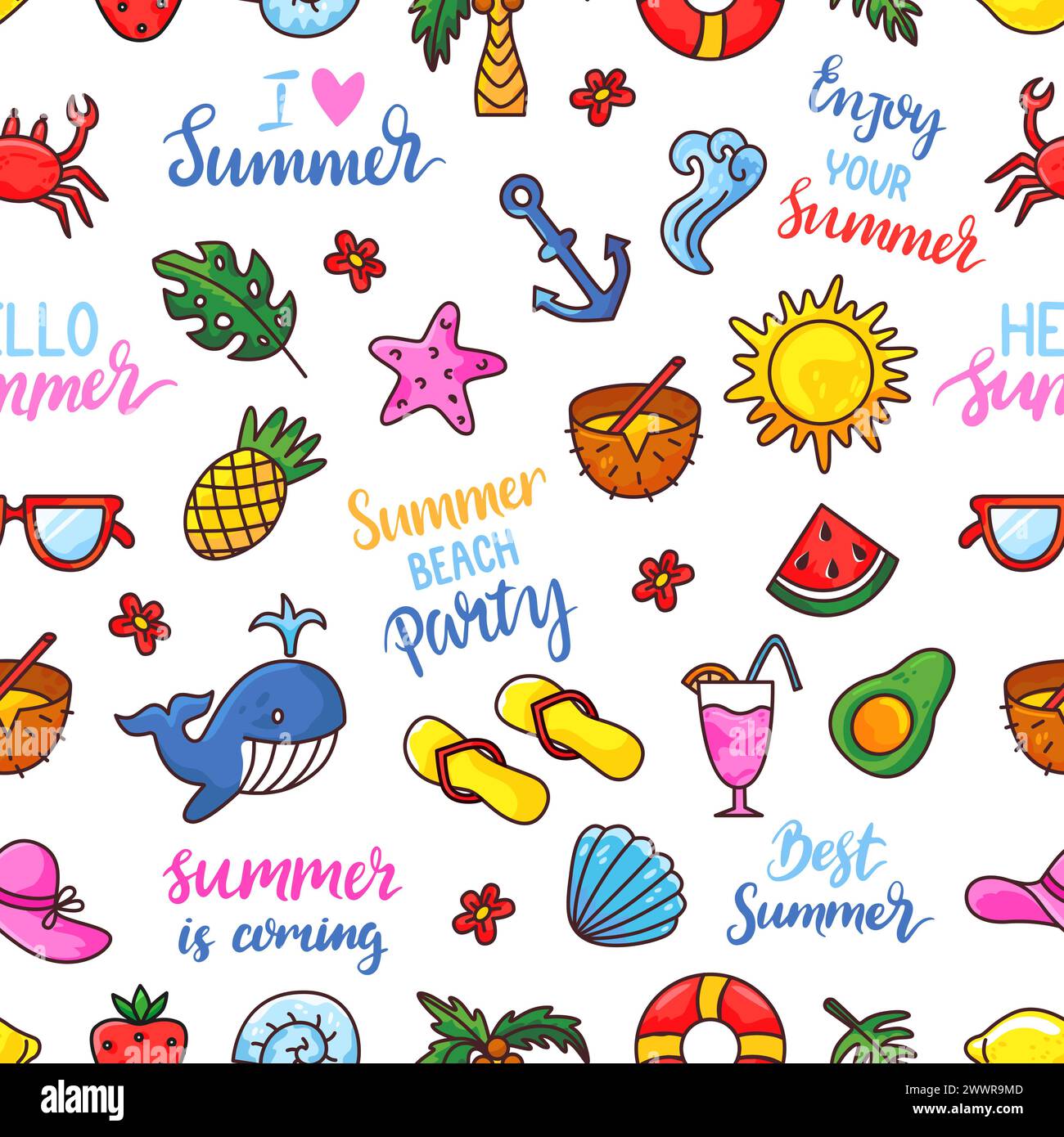 Motivo doodle estivo senza cuciture. Stampa in tessuto con caratteri ed elementi estivi. Luminoso sfondo vettoriale neoterico per le vacanze al mare Illustrazione Vettoriale