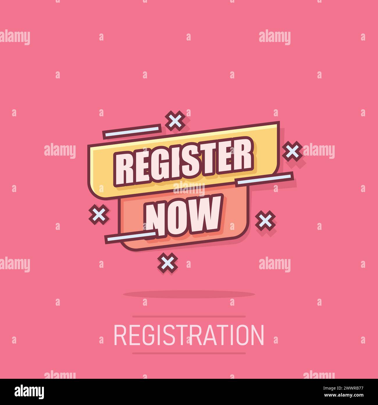 Registrati ora icona in stile fumetto. Illustrazione del vettore cartoon di registrazione su sfondo isolato. Notifica utente effetto splash segno business con Illustrazione Vettoriale