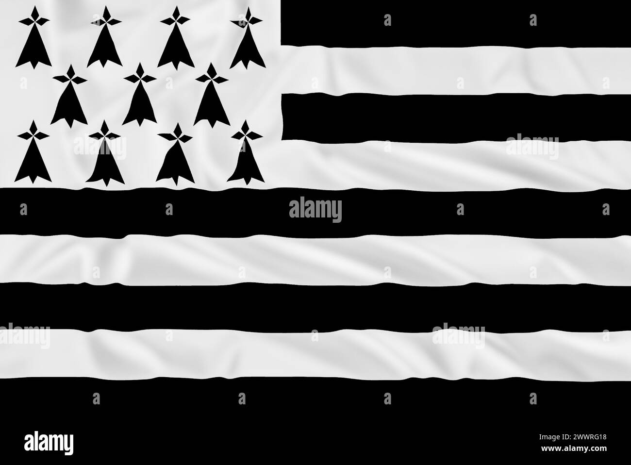 Bandiera della regione francese di Bretagna o Bretagna, con effetto increspato. Foto Stock