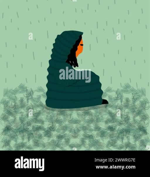 L'immagine è costituita da una persona seduta a terra, sotto la pioggia, con una giacca a vento che li copre completamente. Illustrazione Vettoriale