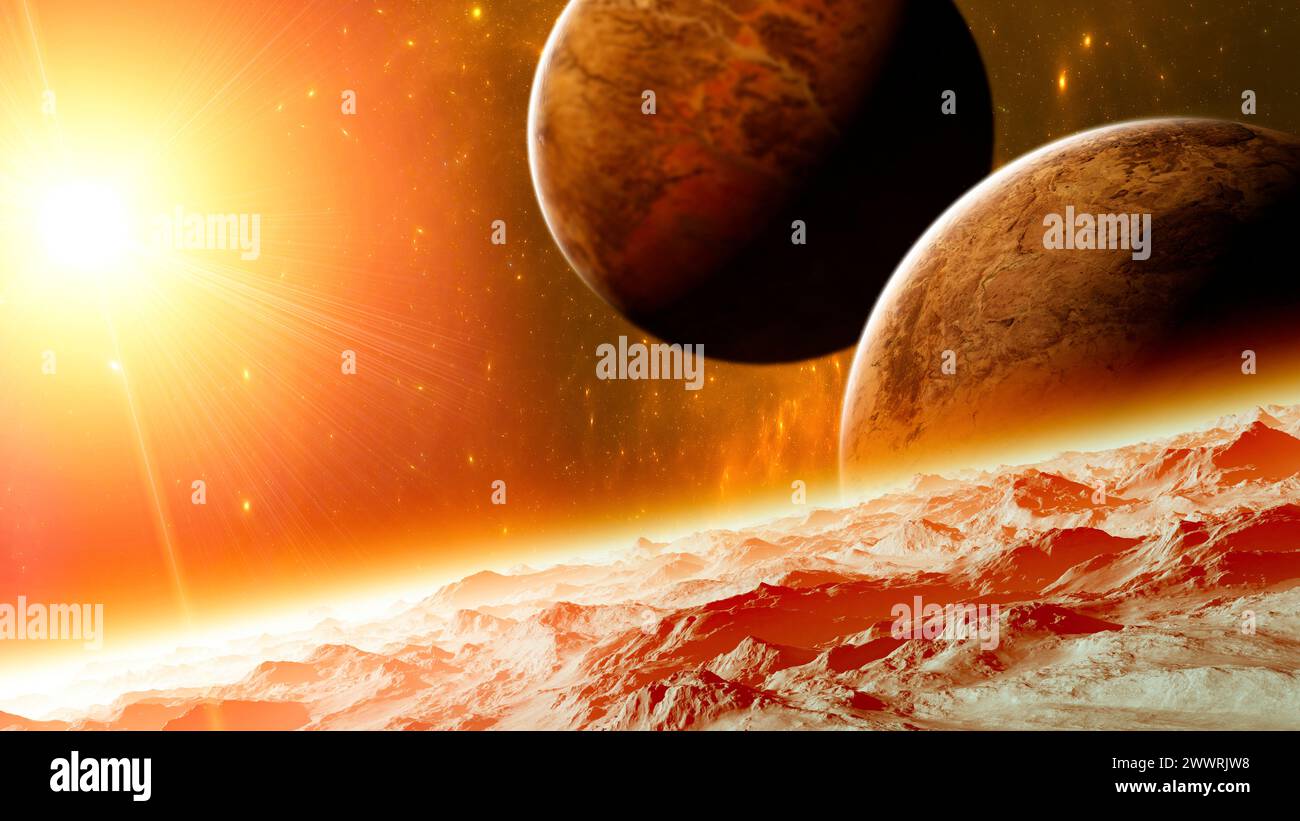 Pianeti ed esopianeti di galassie inesplorate. Fantascienza. Nuovi mondi da scoprire. Colonizzazione ed esplorazione di nebulose e galassie. 3d rendering Foto Stock