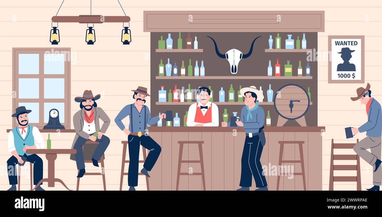 Cowboys al bar. Personaggi maschili in stile selvaggio West che bevono alcolici in pub. I cowboy indossano un cappello e un abbigliamento tradizionali. Stile di vita texano. Scena vettoriale recente Illustrazione Vettoriale