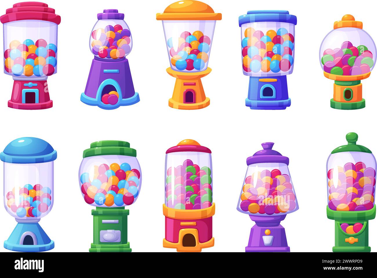 Caramelle cartoni animati. Distributori automatici isolati con gomme da bolla e caramelle dolci. Intrattenimento infantile, impacchi di vetro con dolci vettoriali Illustrazione Vettoriale
