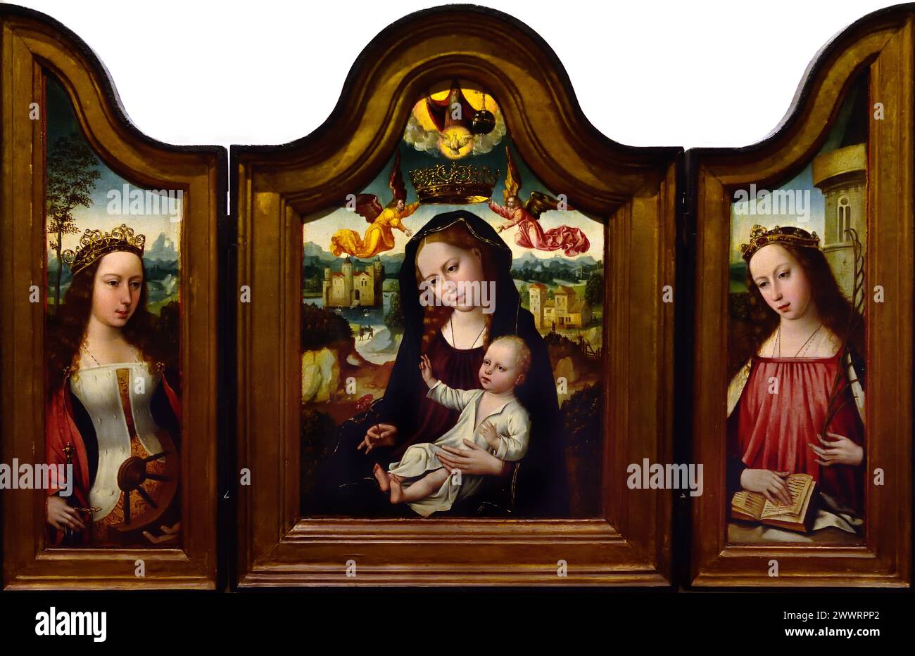 Maria con bambino, Caterina e Barbara del Maestro della leggenda della Maddalena 1500 Museo Mayer van den Bergh, Anversa, Belgio, Belgio. Foto Stock