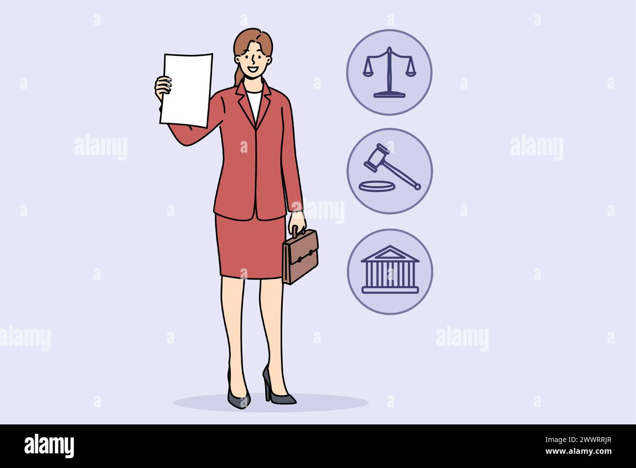 Donna avvocato dimostra una decisione del tribunale sull'assenza di richieste di risarcimento contro il cliente, in piedi vicino a simboli legali. L'avvocato aziendale con il sorriso mostra il contratto o il permesso ricevuto dalla giustizia ministeriale Illustrazione Vettoriale