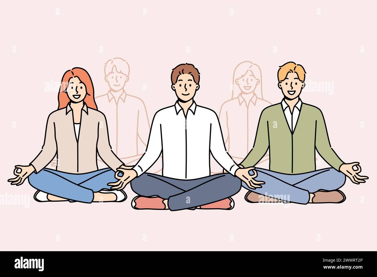 Gli uomini d'affari meditano in gruppo durante la pausa dal lavoro, seduti in posizione di loto dallo yoga e godendo di pratica zen. Meditazione di gruppo per i lavoratori d'ufficio per guadagnare forza prima di un incontro importante Illustrazione Vettoriale