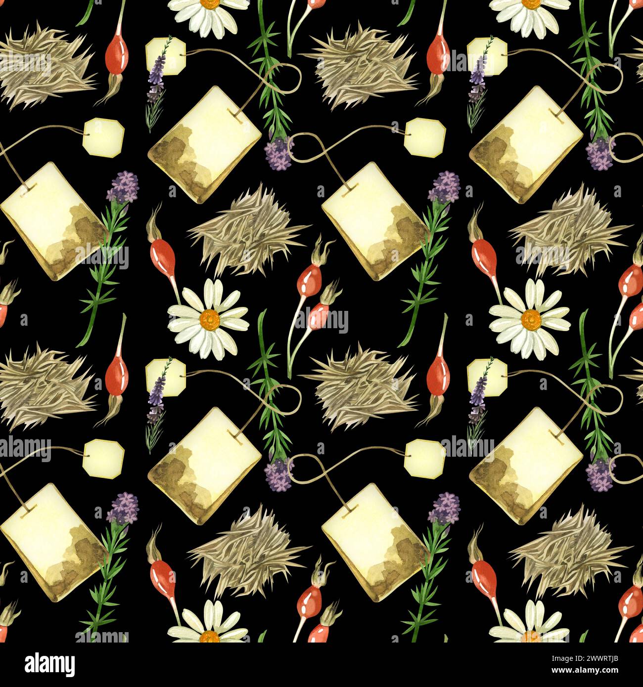 Motivo acquerello. Bustine di tè, tè alle erbe di prato, fiori, origano, rosa canina, origano, disegnato ad acquerello. Per la stampa su tessuto, carta. Foto Stock