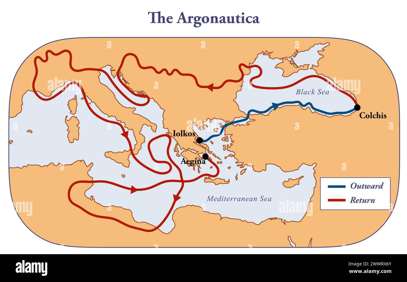 Mappa del percorso di Jason e degli Argonauti Foto Stock