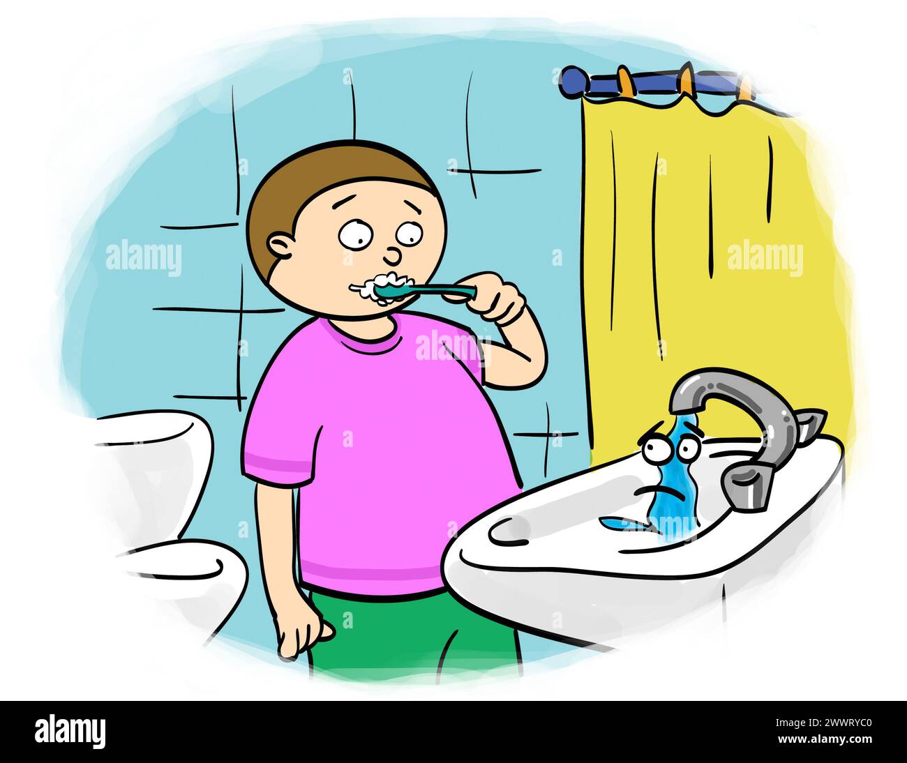 i bambini si lavano i denti e chiudono il rubinetto Foto Stock