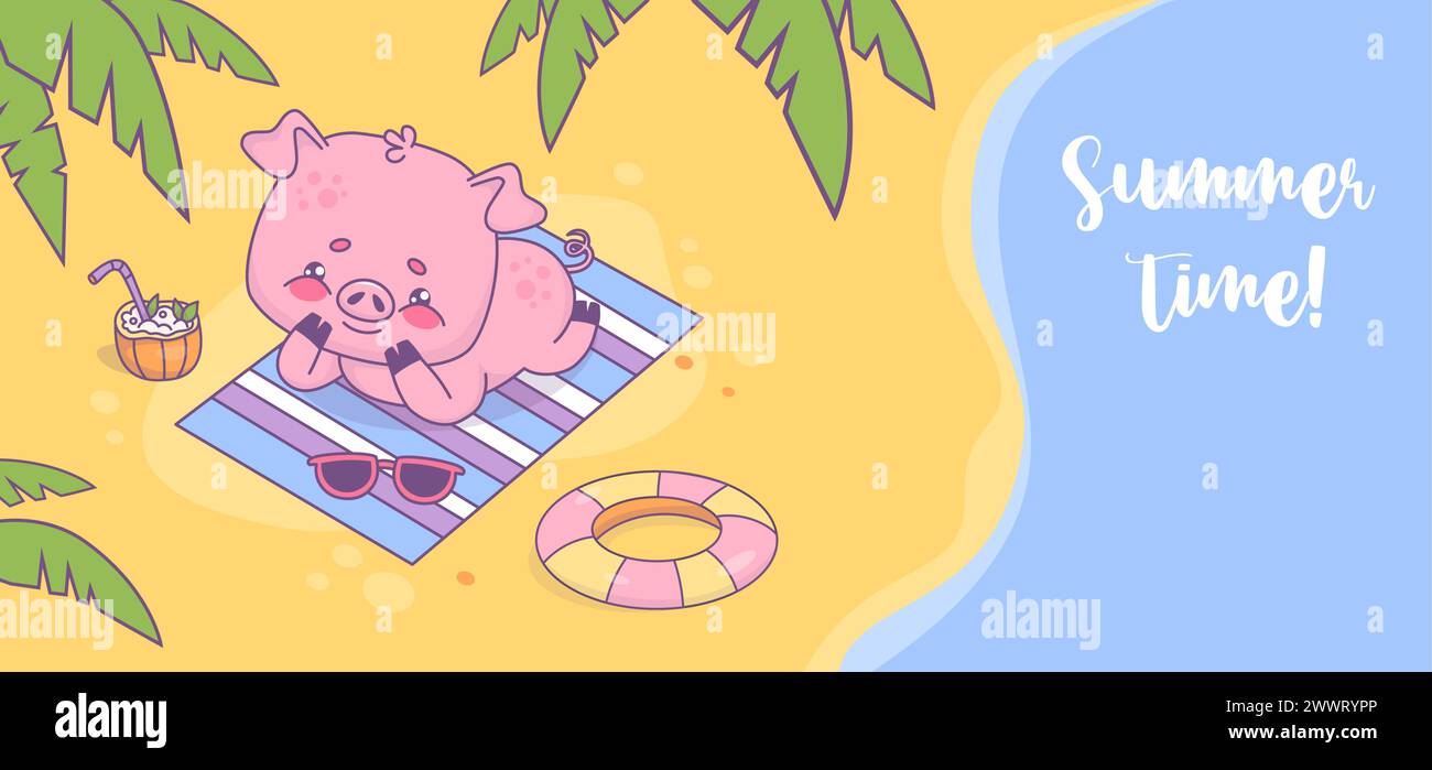 Simpatico maiale sulla spiaggia che si rilassa e prende il sole sulla riva del mare sotto le foglie di palma. Poster orizzontale dell'ora legale. Felice e divertente carattere animale per le vacanze al mare. V Illustrazione Vettoriale