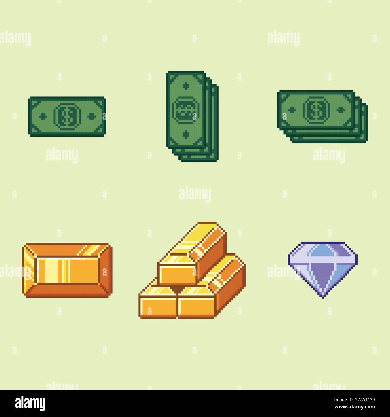 I pixel sono un set di illustrazioni in denaro e oro: Banconote in dollari verdi, pila di contanti, barra d'oro, icona a rombo su sfondo chiaro Illustrazione Vettoriale