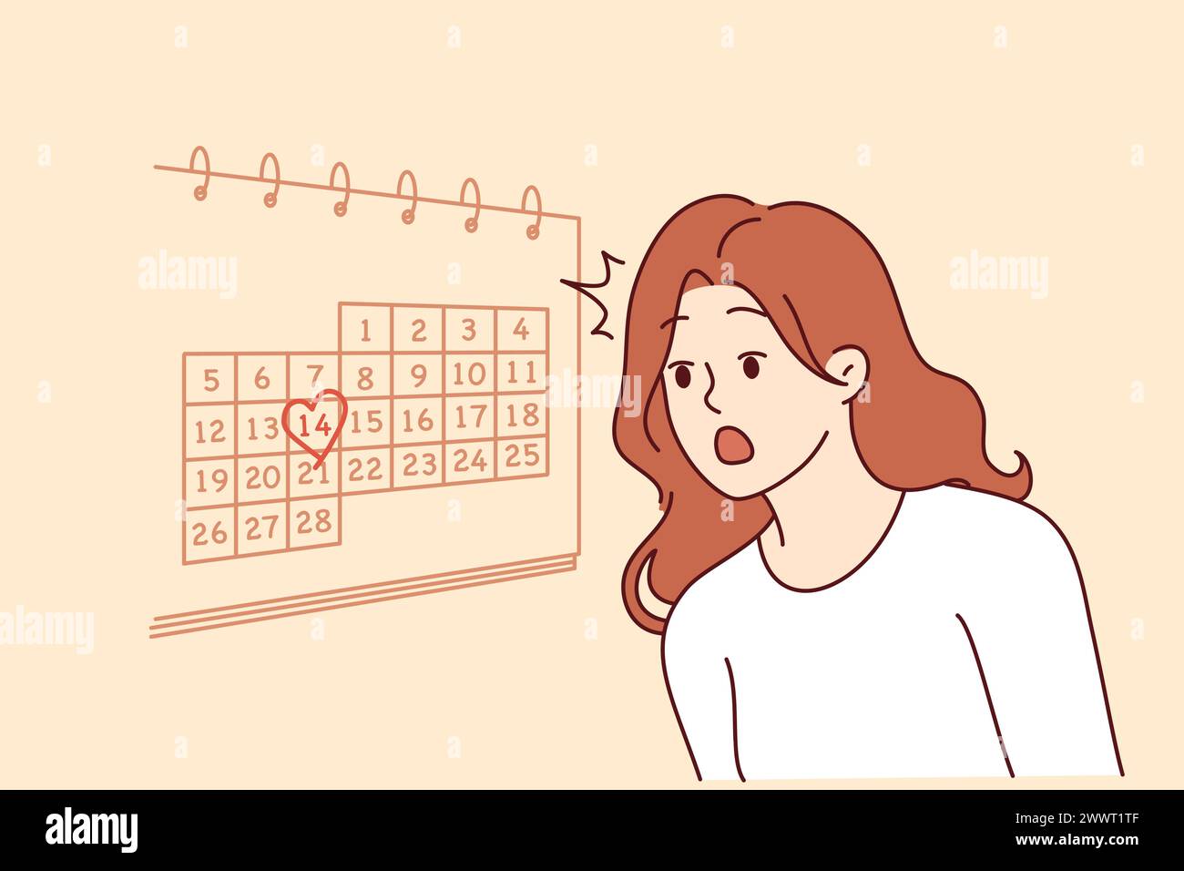 La donna viene a conoscenza del giorno di san valentino il 14 febbraio e si sente scioccata, in piedi vicino al muro con il calendario. La ragazza ha dimenticato l'approccio di san valentino non sa dove trovare un regalo per il fidanzato Illustrazione Vettoriale