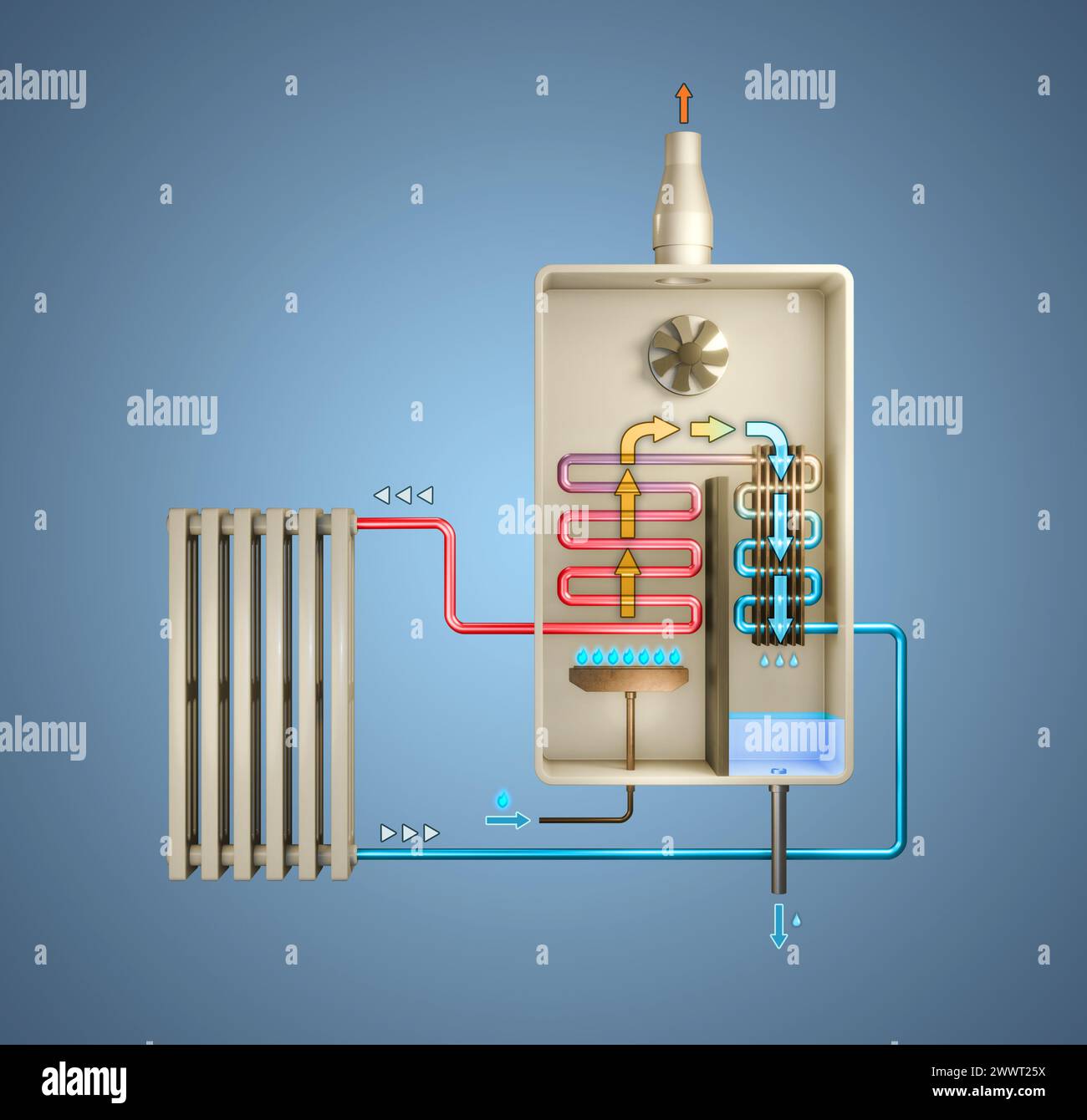 Schema semplificato che mostra il funzionamento di una caldaia a gas condensante. Illustrazione digitale, rendering 3D. Foto Stock