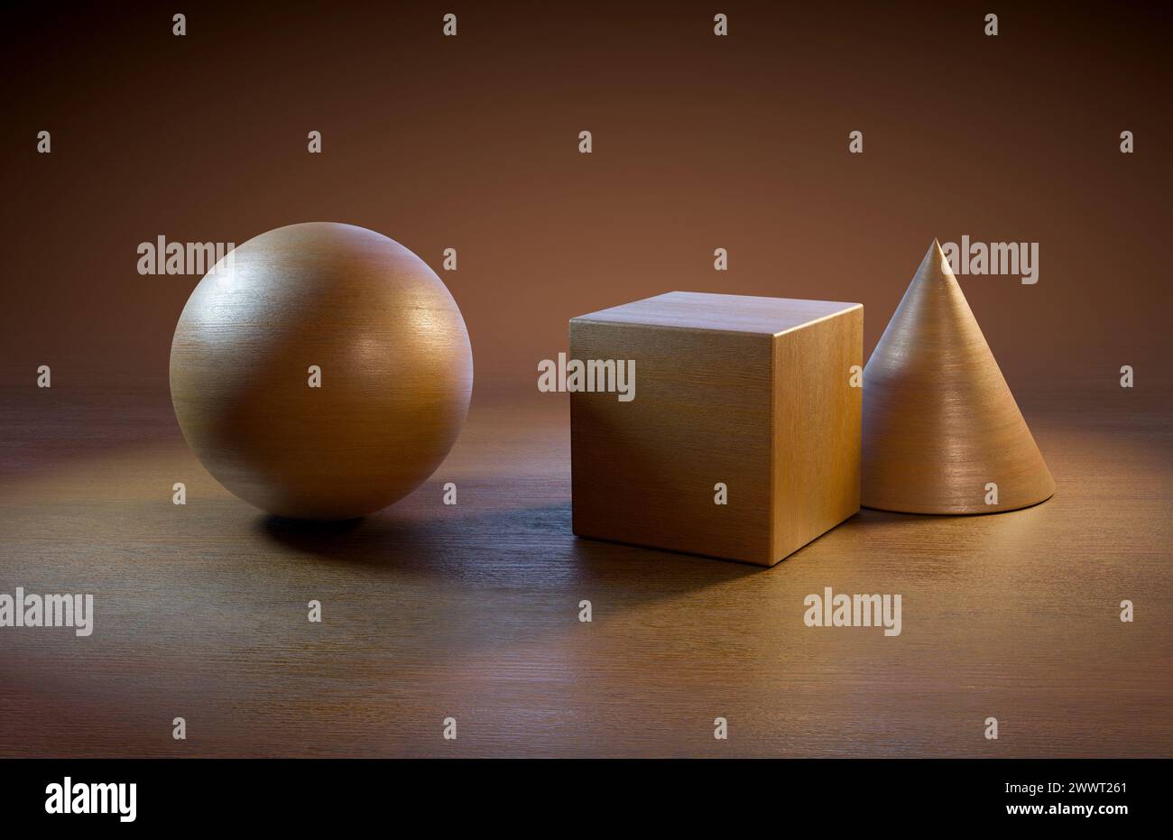 Sfera, cubo e cono illuminati da una luce calda, con spazio per le copie disponibile. Illustrazione digitale, rendering 3D. Foto Stock