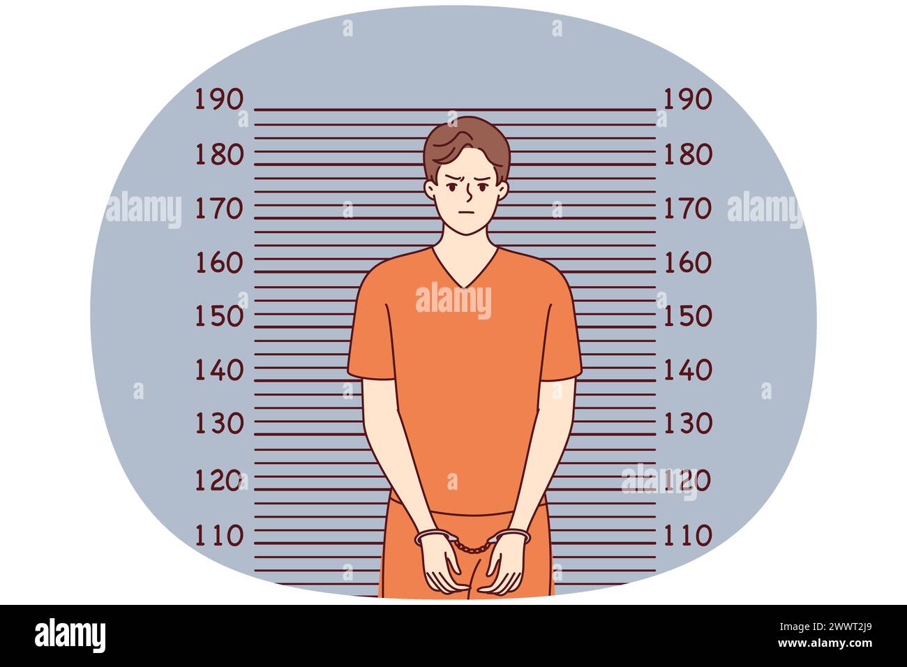 Uomo con manette e abiti arancioni si stalla vicino alle linee per misurare l'altezza. Ragazzo che ha violato la legge e è andato in carcere le pose per l'immagine di criminale destinato a file personale. Immagine vettoriale piatta Illustrazione Vettoriale