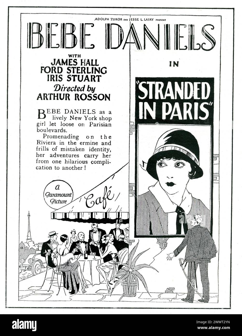 Vintage ad for STRANDED IN PARIS 1926 con BEBE DANIELS e il regista di JAMES HALL ARTHUR ROSSON Paramount Pictures Foto Stock