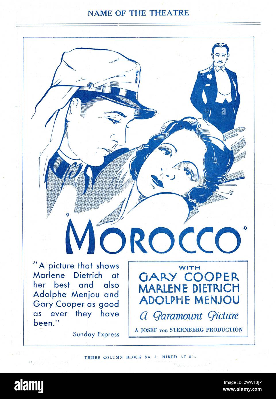 Un annuncio vintage per MOROCCO 1930 con GARY COOPER e MARLENE DIETRICH, regista JOSEF VON STERNBERG, Amy Jolly di BENNO VIGNY Paramount Pictures Foto Stock
