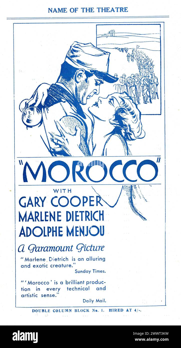 Un annuncio vintage per MOROCCO 1930 con GARY COOPER e MARLENE DIETRICH, regista JOSEF VON STERNBERG, Amy Jolly di BENNO VIGNY Paramount Pictures Foto Stock