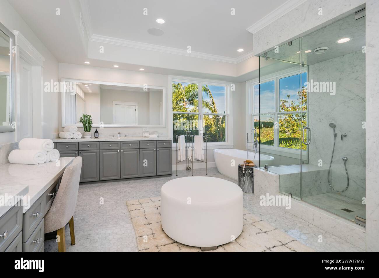 Bagno moderno con cabina doccia, vasca e vista finestra Foto Stock
