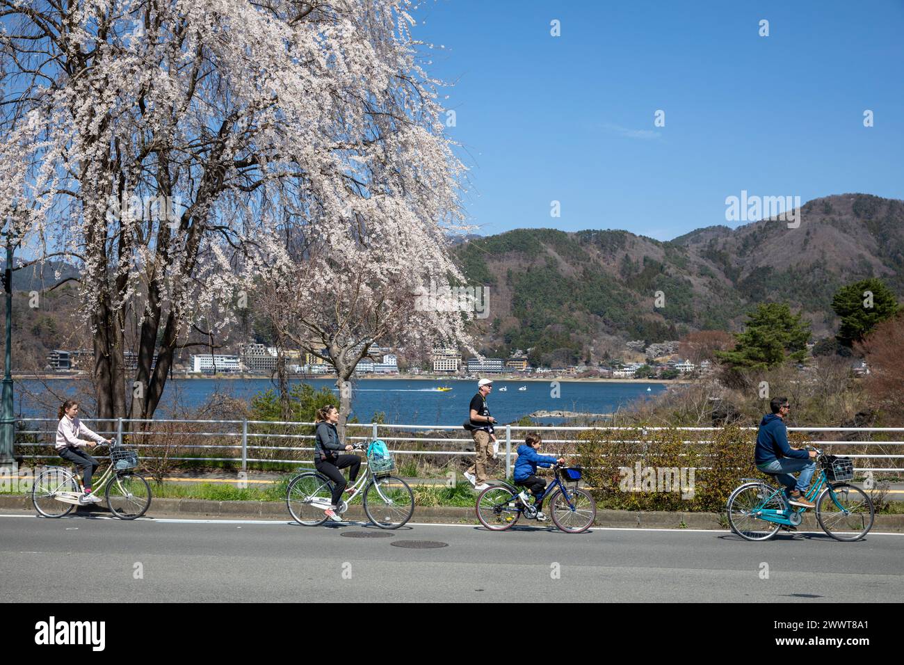 Lago Kawaguchiko a Fujikawaguchiko Giappone, madre e padre in bicicletta intorno al lago nella regione del Monte Fuji cinque laghi, Giappone, Asia, 2023 Foto Stock