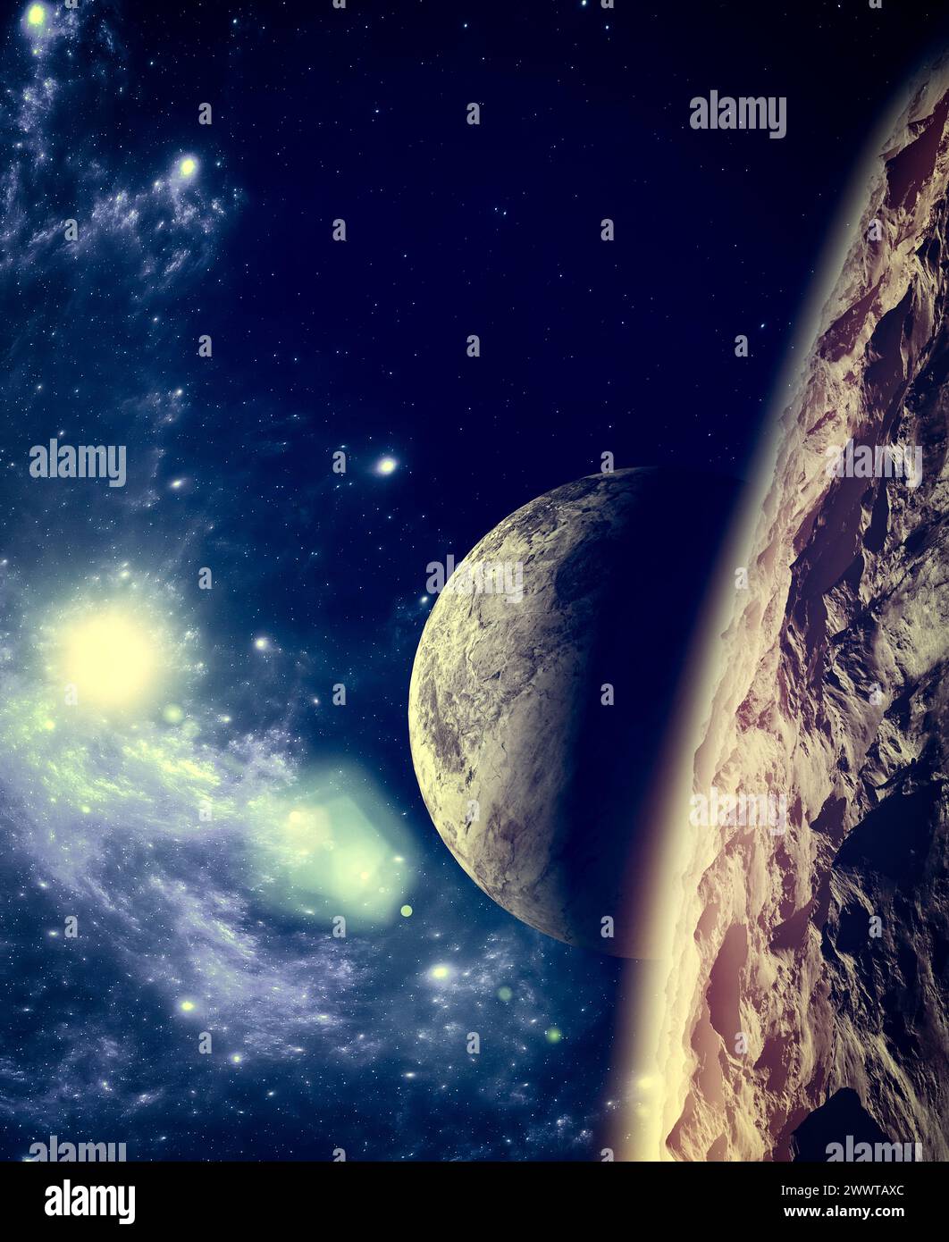 Pianeti ed esopianeti di galassie inesplorate. Fantascienza. Nuovi mondi da scoprire. Colonizzazione ed esplorazione di nebulose e galassie. 3d rendering Foto Stock