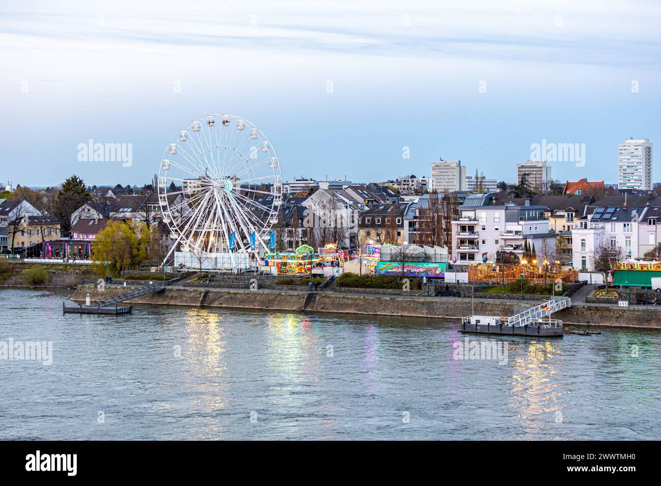 DAS Riesenrad BELLA VISTA am Rheinufer von Beuel ist die Hauptattraktion der Beueler Osterkirmes, die noch bis zum 2. April ihre Gäste begrüßt. DAS 40 Meter hohe Fahrgeschäft wird darüber hinaus bis voraussichtlich 20. Mai als ein temporäres Wahrzeichen erhalten bleiben. 25.03.2024 Bonn Beuel NRW Deutschland *** la ruota panoramica BELLA VISTA sulle rive del Reno a Beuel è la principale attrazione della Fiera di Pasqua di Beuel, che accoglierà gli ospiti fino al 2 aprile la corsa alta 40 metri rimarrà un punto di riferimento temporaneo fino al 20 maggio 25 03 2024 Bonn Beuel NRW Germania Copyright: Foto Stock