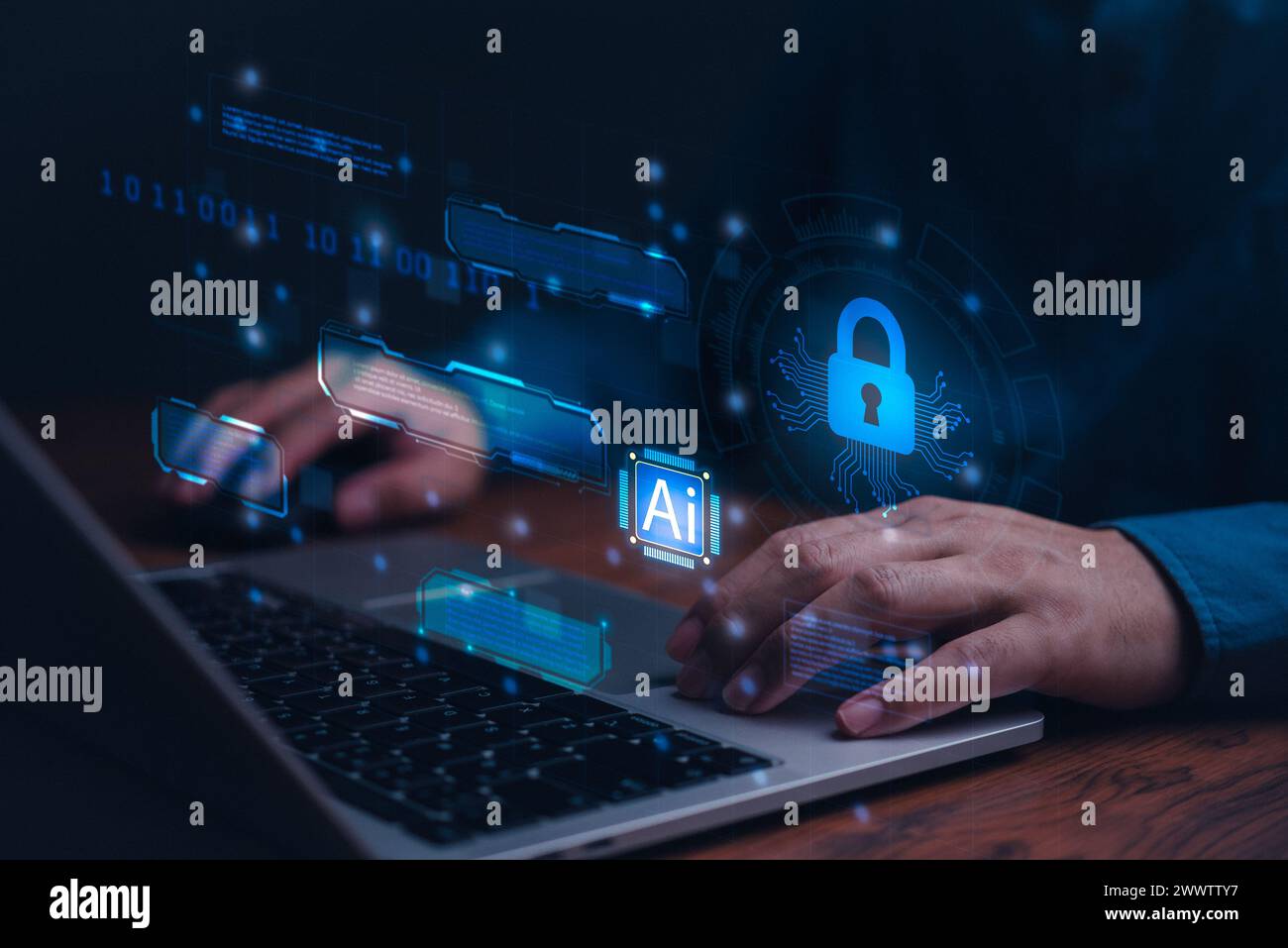 La cybersicurezza, la tecnologia digitale e l'intelligenza artificiale sono concetti associati alla privacy dei dati, al crimine e alle minacce Internet. Foto Stock