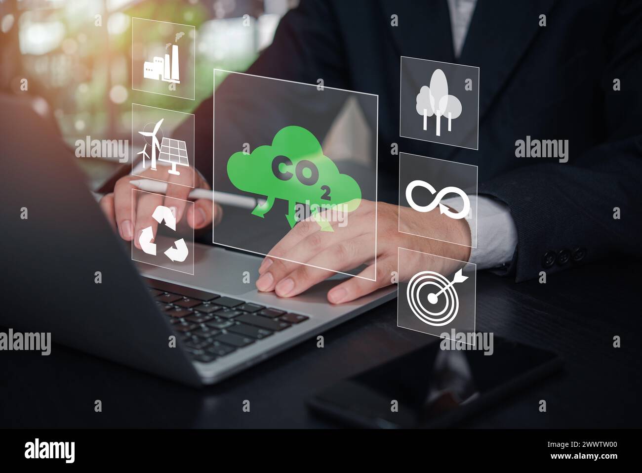 riduzione energia gas carbonio co2 innovazione rinnovabile neutro a effetto serra e concetto zero business netto Foto Stock