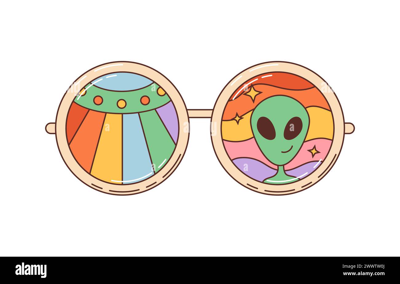 Occhiali da sole da cartoni animati retrò con arcobaleno in arte hippie anni '70, simbolo vettoriale. Occhiali da sole estivi stravaganti con alieni divertenti e psichedelici Illustrazione Vettoriale