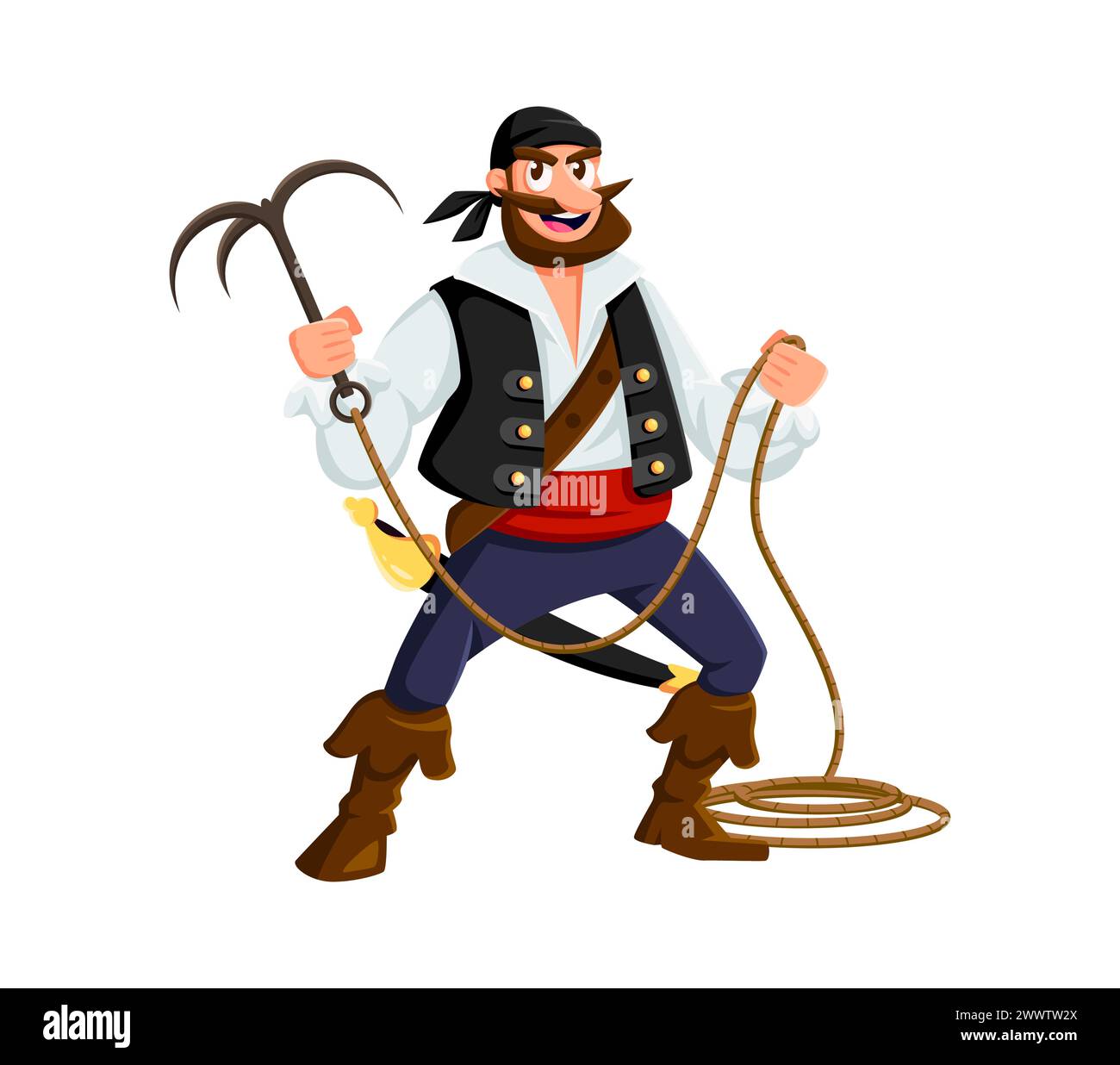 Personaggio del marinaio pirata dei cartoni animati con rampino. Corsaro vettoriale isolato, bucaniere con barba avventurosa in gilet e bandana, pronto per Illustrazione Vettoriale
