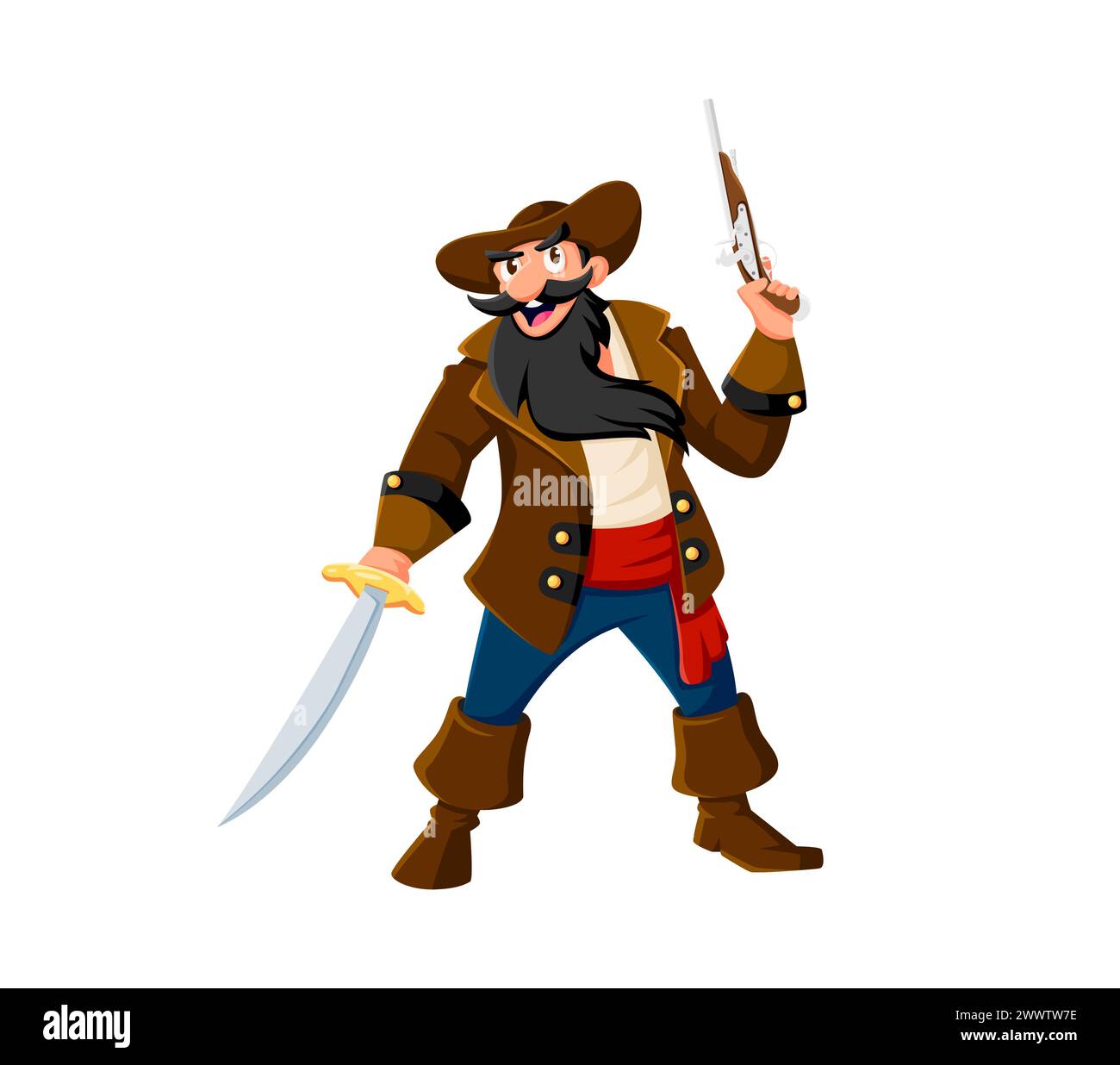 Personaggio dei cartoni animati pirata e corsaro. Capitano di mare con pistola e sciabola. Robusto personaggio vettoriale isolato e temibile con cappello, barba lunga e baffi, Illustrazione Vettoriale