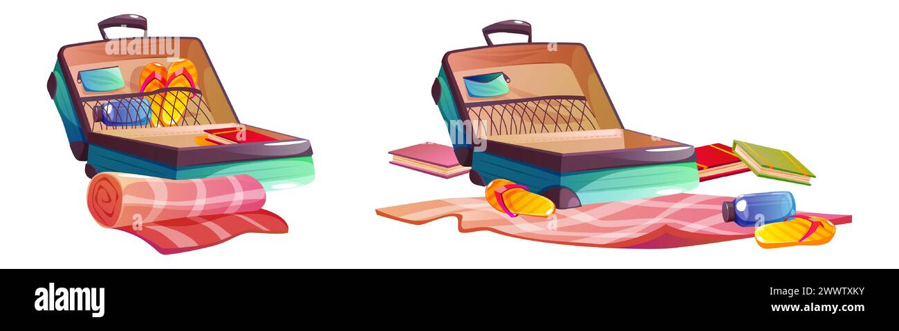 Apri la valigia con abiti e accessori femminili per viaggi estivi e vacanze al mare piegati e impilati con cura all'interno e spalmati vicino alla borsa. Serie di vettori di cartoni animati prima e dopo la vista sui bagagli. Illustrazione Vettoriale