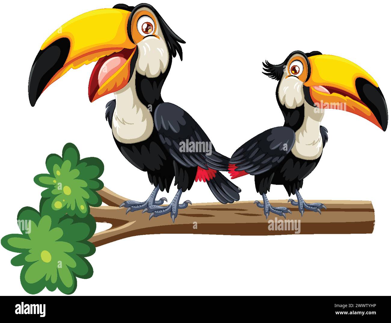 Due vivaci toucan appollaiati su un ramo di legno Illustrazione Vettoriale