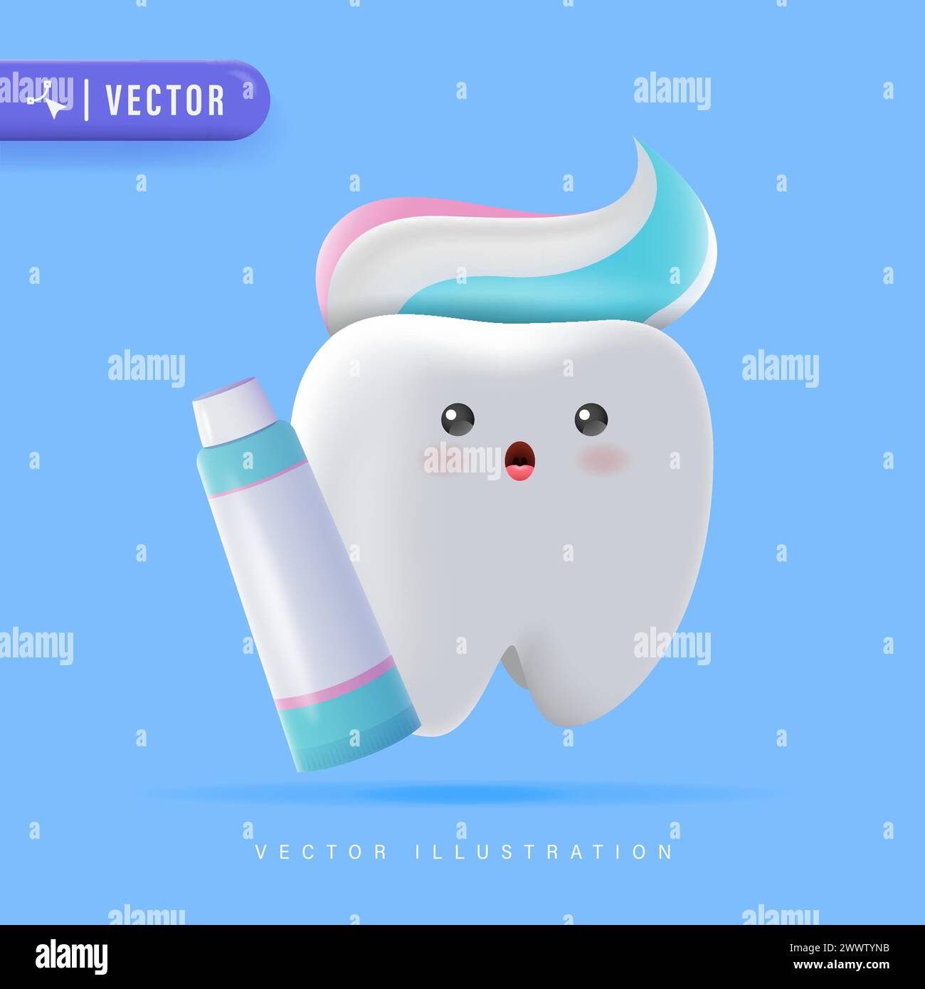 Illustrazione 3D carino dei personaggi con dentifricio sulla parte superiore. Icona del dente felice e sano per i bambini Dental Clinic Design del modello del poster. D Illustrazione Vettoriale