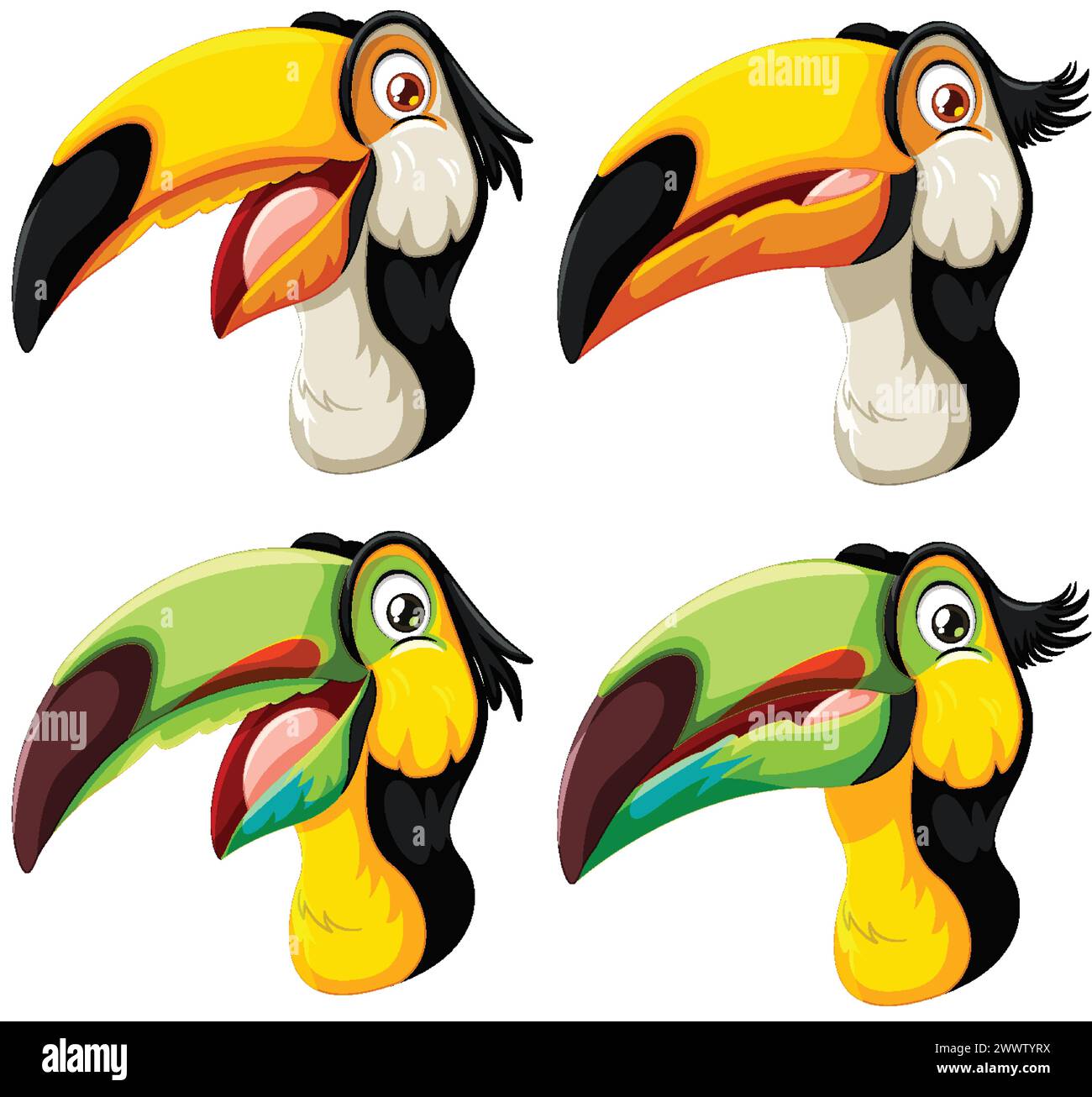 Quattro vivaci illustrazioni delle teste toucan in formato vettoriale. Illustrazione Vettoriale