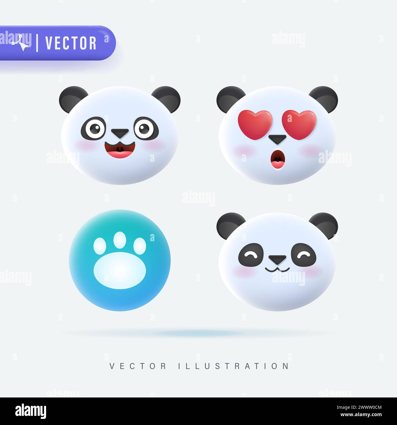 Set vettoriale realistico 3D di simpatiche icone di cartoni animati Little Panda con varie espressioni facciali isolate su sfondo bianco. Panda Cub F semplice e minimalista Illustrazione Vettoriale