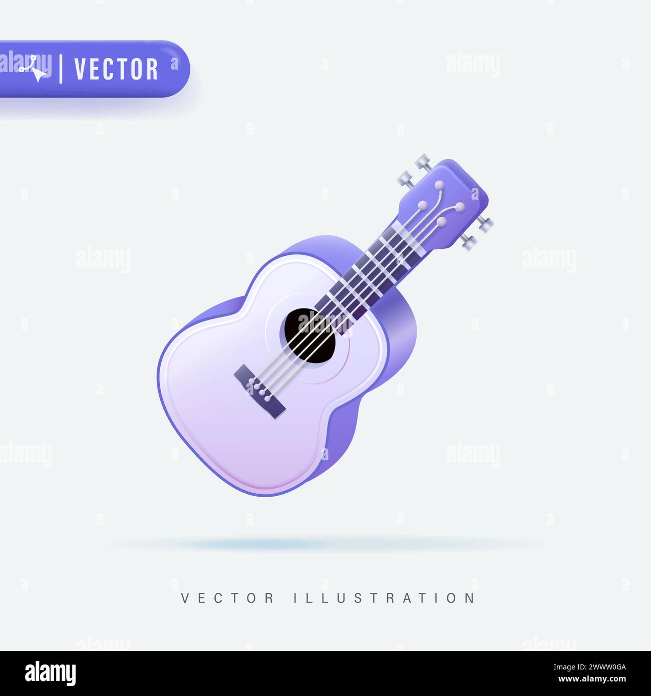 Chitarra acustica viola 3D realistica in illustrazione vettoriale su sfondo isolato. Illustrazione Vettoriale