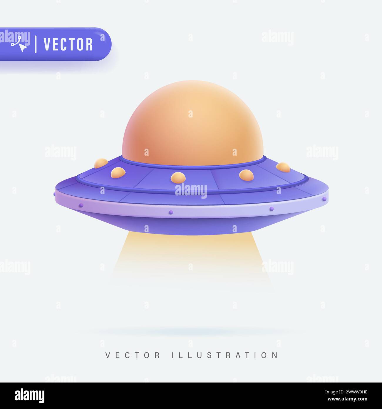 Illustrazione vettoriale UFO 3d isolata, UFO volante con colore giallo e viola Illustrazione Vettoriale