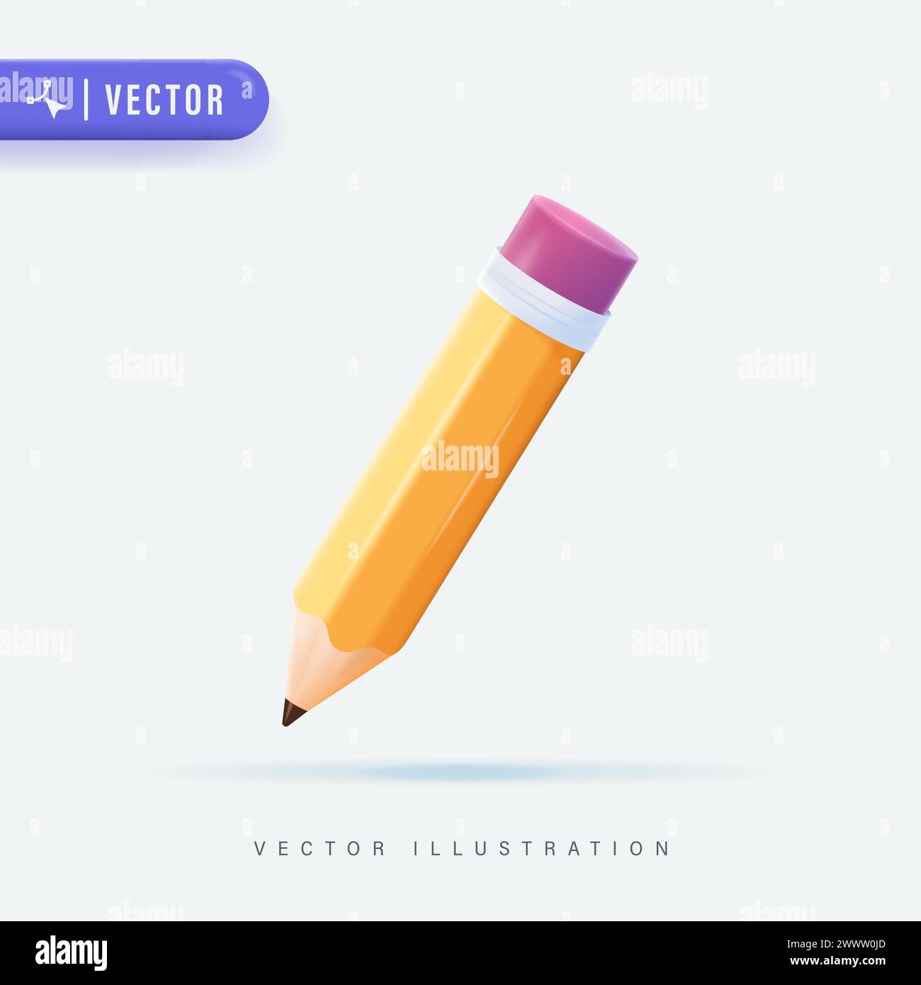 Matita realistica 3D gialla. Oggetto volumetrico in legno per scrittura e disegno. Matita gialla corta vettoriale, matita realistica cartone animato isolato con rubbe Illustrazione Vettoriale