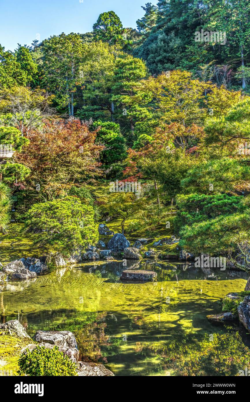 Colorato Giardino delle foglie autunnali riflesso Ginkakuji Padiglione d'Argento Tempio buddista Zen Parco Kyoto Giappone. Conosciuto anche come Tempio di Jishoji della Misericordia splendente. Foto Stock