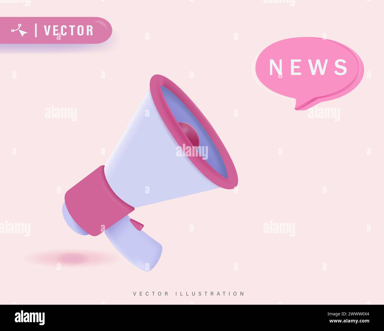 Novità con enorme megafono rosa e illustrazione vettoriale Bubble Design. Concetto di unisciti a noi, posto di lavoro e annuncio nel moderno cartone animato piatto Illustrazione Vettoriale