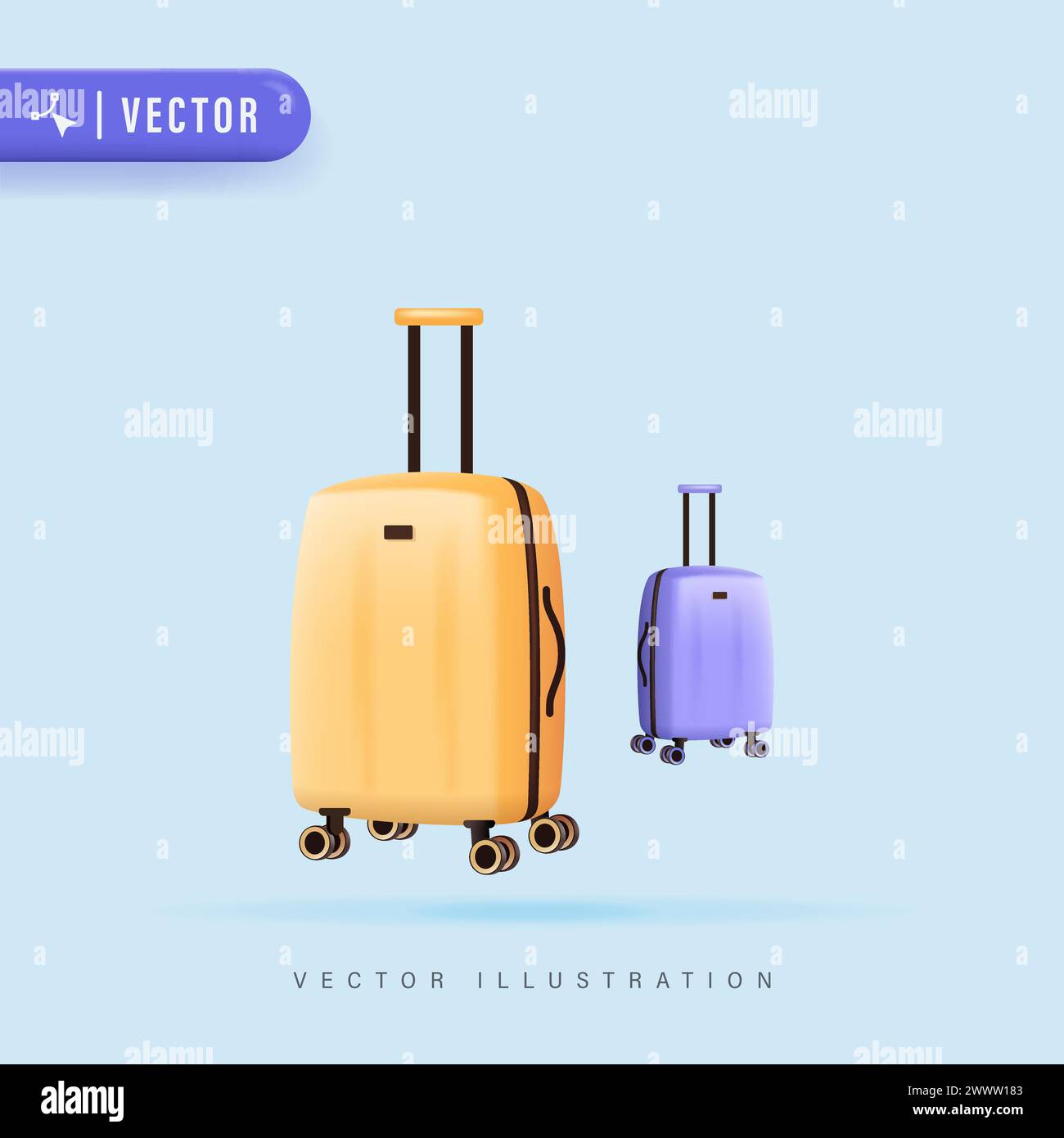 Valigie colorate di cartoni animati 3D su ruote illustrazione vettoriale. Valigie da viaggio, valigie da lavoro, bagagli da viaggio. Tuta in plastica gialla e viola Illustrazione Vettoriale