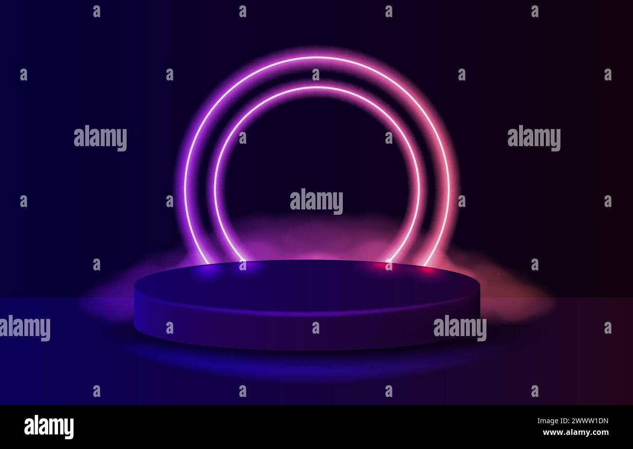 Podio vuoto con anello al neon gradiente di linea sullo sfondo. Illustrazione con scena astratta con cornice al neon rosa e viola. Lampadina a incandescenza al neon Illustrazione Vettoriale