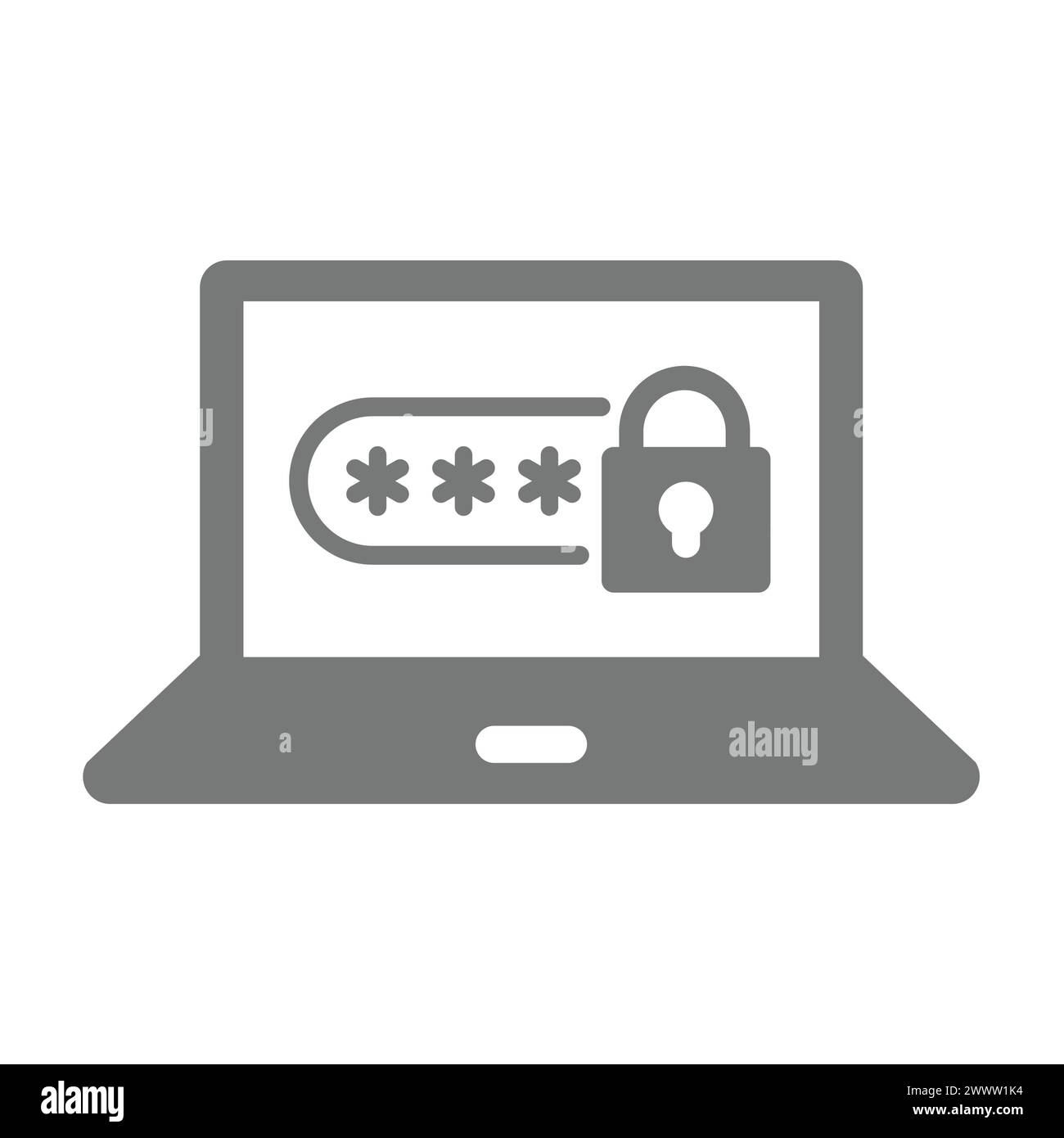 Vettore di caratteri mascherati per laptop e password. Accesso protetto e accesso con icona a forma di lucchetto. Illustrazione Vettoriale