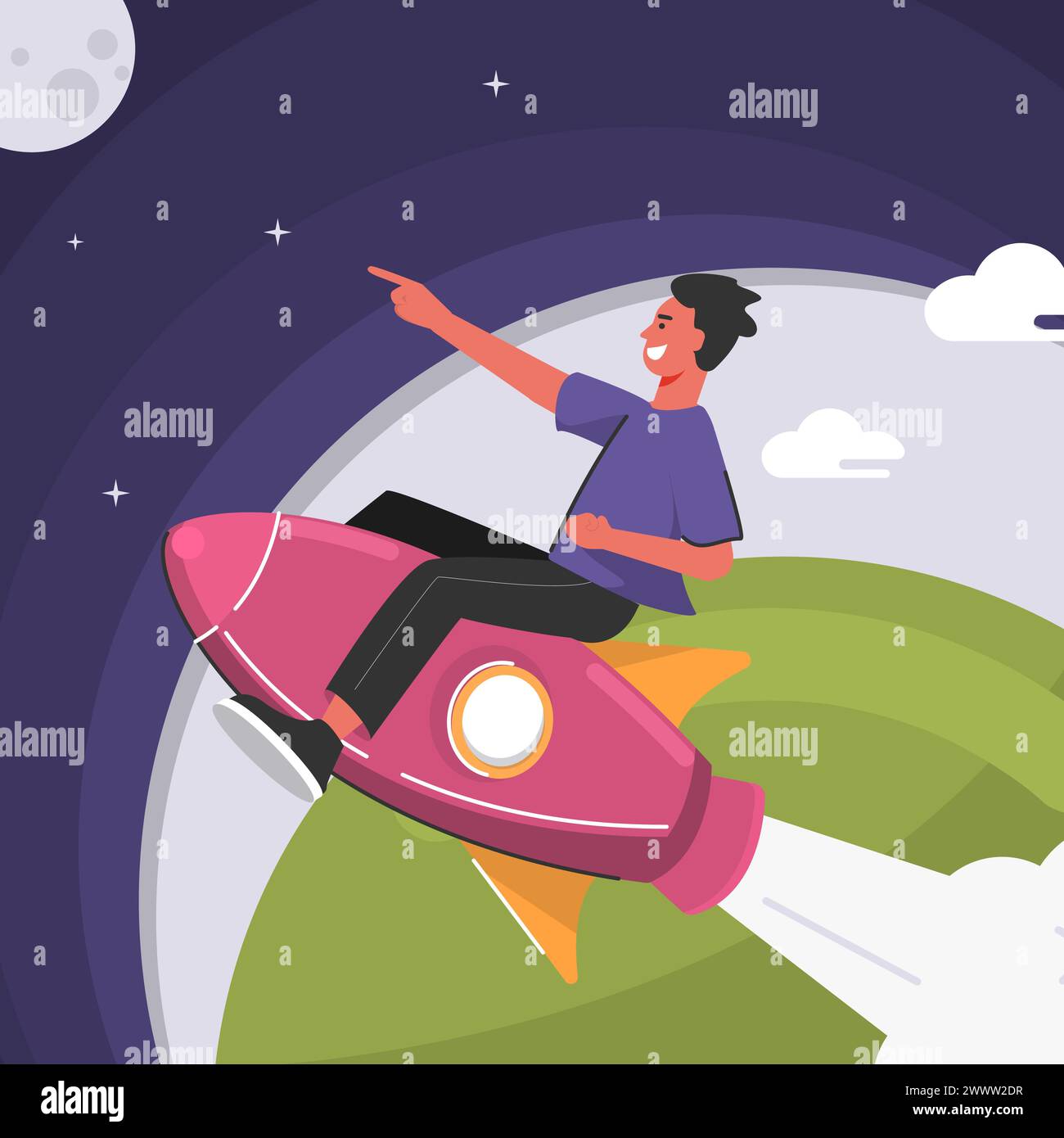 Young Man volare sulla Luna con Rocket Vector Illustration, Chasing Dream Concept, Illustration of Little Kids riding on a Rocket to Success Illustrazione Vettoriale