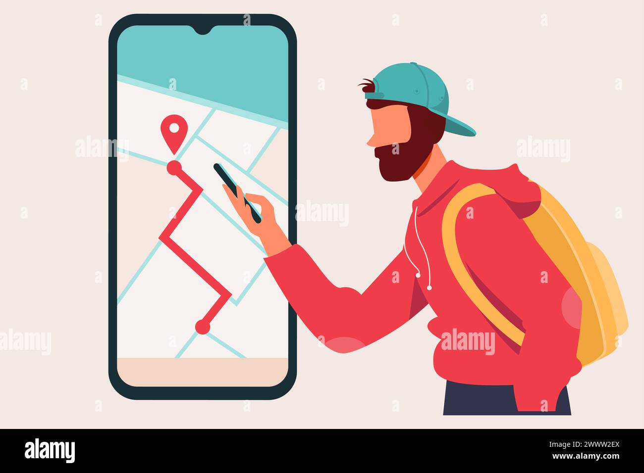 Concetto di Business Online Delivery con Delivery Man e applicazione Mobile Online Map Navigation. Tracciamento della posizione. Navigatore percorso. Infografica sulla mappa della città Illustrazione Vettoriale