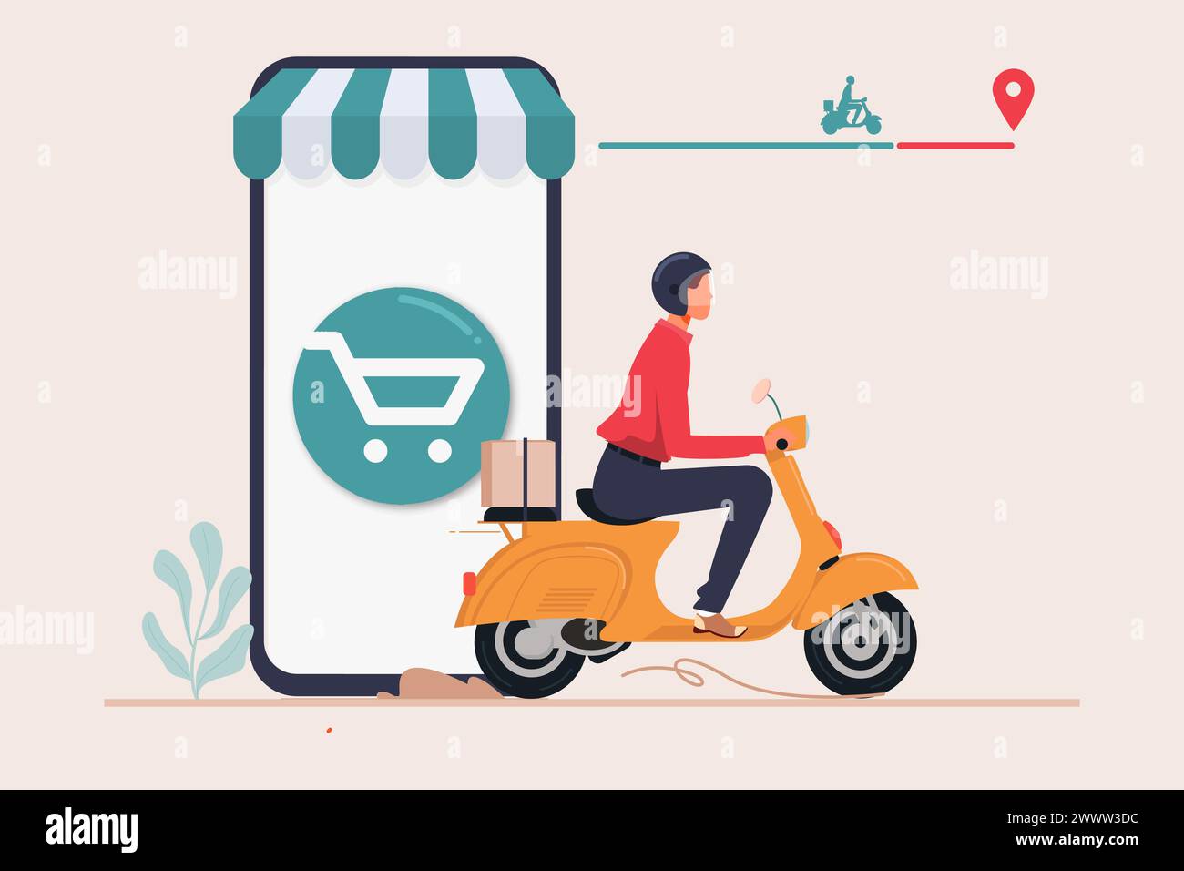 Consegna rapida in scooter su cellulare. Concetto di e-commerce. Infografica online sugli ordini alimentari. Pagina Web, progettazione dell'app, applicazione per gli ordini di consegna su un tracciato dello smartphone Illustrazione Vettoriale