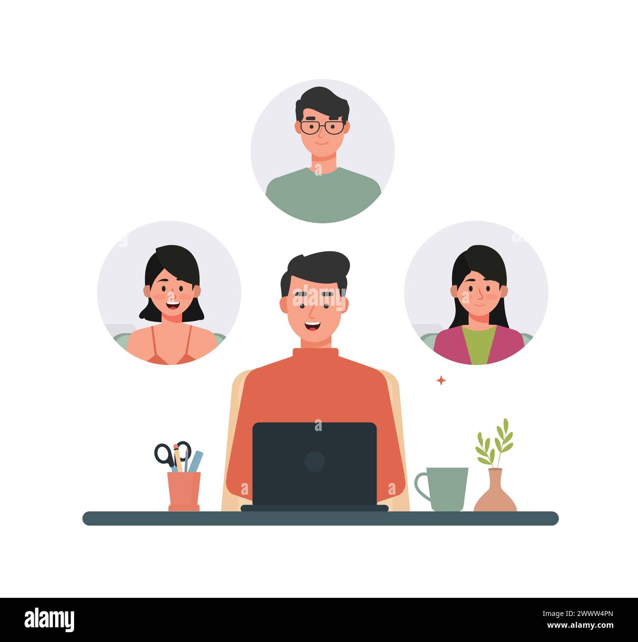 Work from Home Set Vector Illustration, Online Meeting Set Concept Flat Design, Freelancer Work at Home Template Illustrazione Vettoriale