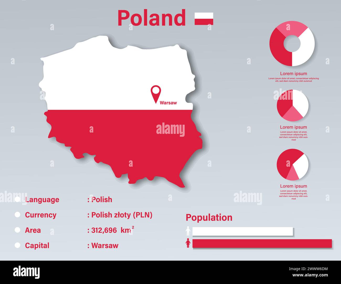 Polonia Infographic Vector Illustration, Poland Statistical Data Element, Poland Information Board with Flag Map, Poland Map Flag Flat Design Illustrazione Vettoriale