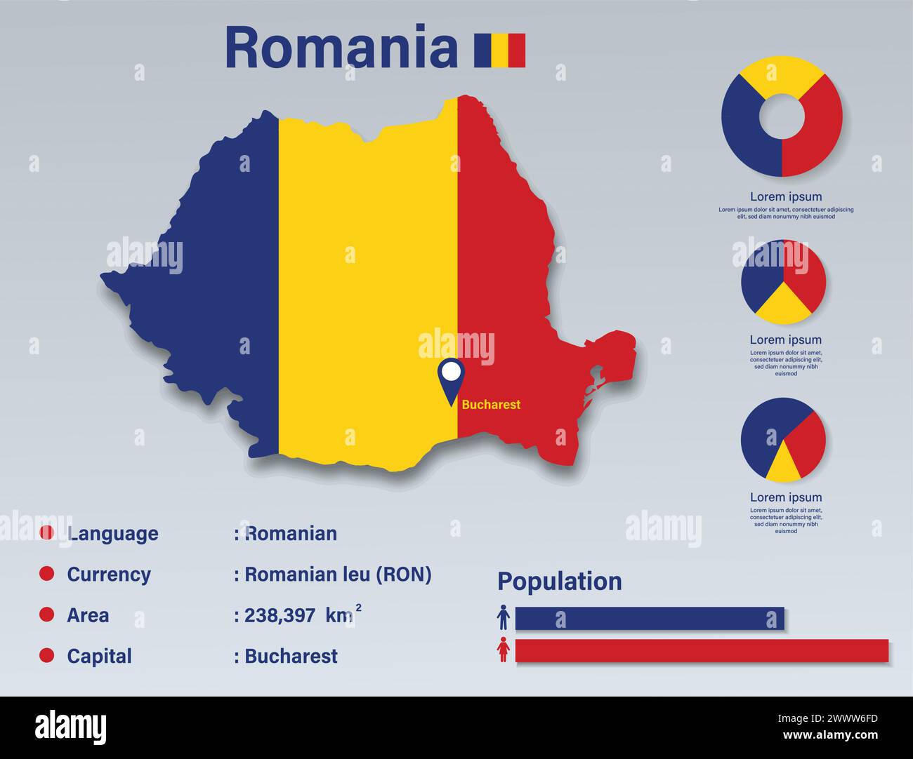 Romania Infographic Vector Illustration, Romania Statistical Data Element, Romania Information Board with Flag Map, Romania Map Flag Flat Design Illustrazione Vettoriale